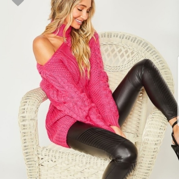 NWT One Shoulder Mock Neck Cable Knit Sweater in Tan, S - Picture 8 of 9